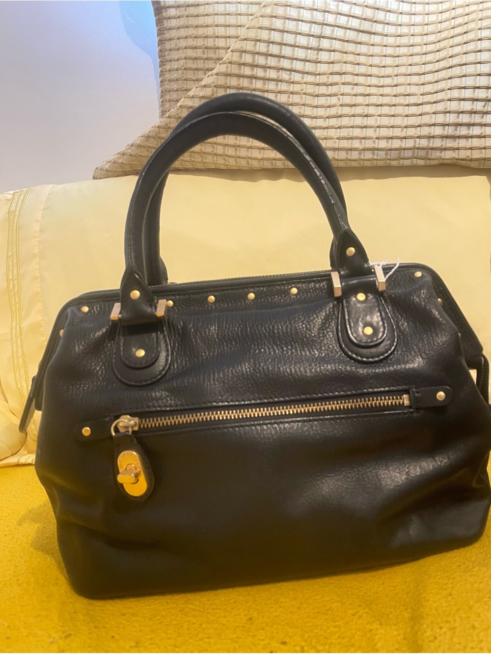 136 - ELLEN TRACY Black Leather Satchel Handbag with Gold Hardware